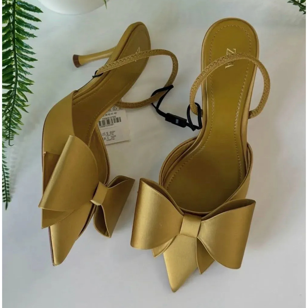 Zara Satin Slingback Heels Bow Pointed Toe Stiletto Wedding Party Sz 6.5 NWT - Picture 9 of 16